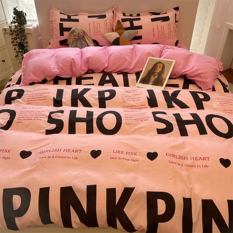 ins粉色爱心猫女生可爱床上四件套水洗棉1.5被套床单三件套少女心