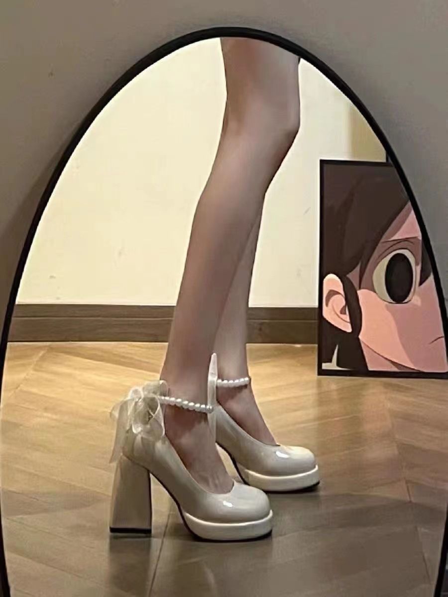 法式瑪麗珍鞋女2023年夏新款珍珠蝴蝶結粗跟高跟涼鞋仙女風小皮鞋