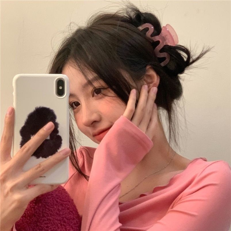树莓粉~韩国INS透明粉色可爱果冻抓夹后脑勺波浪大号盘发鲨鱼夹子