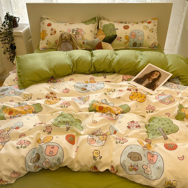 ins绿色菱格小熊床上四件套水洗棉文艺1.5m1.8米被套床单三件套