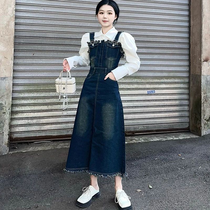 Salt can be sweet retro denim suspender skirt spring and summer new mid-length A-line skirt frayed design sense dress