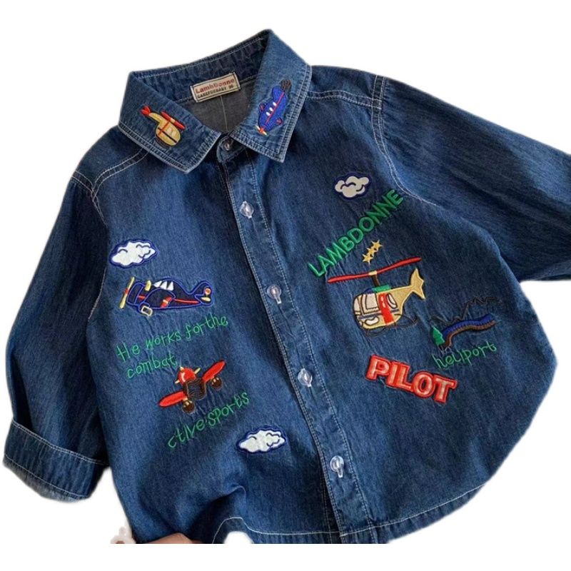Children's denim shirt Spring and summer new boys' embroidered lapel shirt baby Japanese cute children's clothing small coat