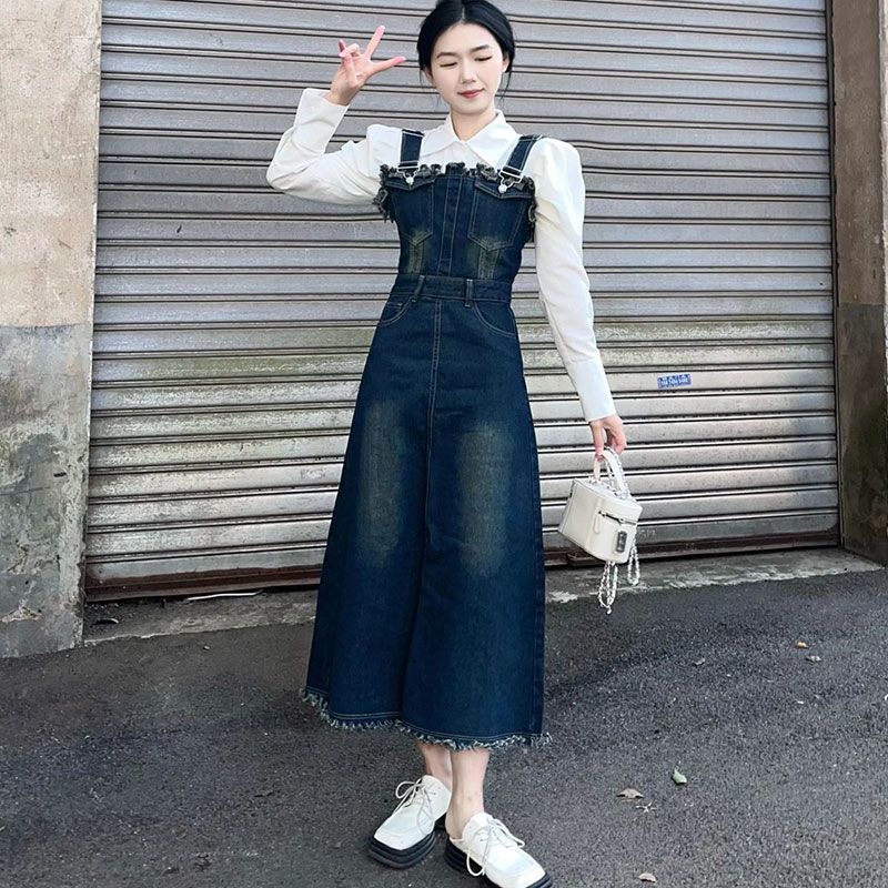 Salt can be sweet retro denim suspender skirt spring and summer new mid-length A-line skirt frayed design sense dress