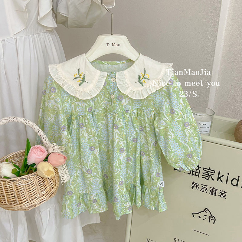 女童春裝2023新款韓版連衣裙洋氣春季女寶寶刺繡娃娃領長袖公主裙