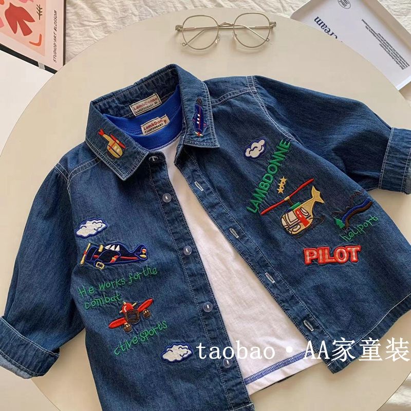 Children's denim shirt spring and summer new boy's embroidery lapel shirt baby Japanese cute children's clothing small coat