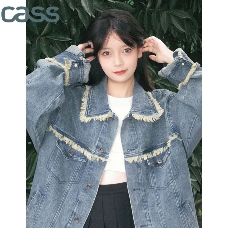 American retro raw edge denim jacket female spring and autumn  new large size fat MM high street jacket top tide ins