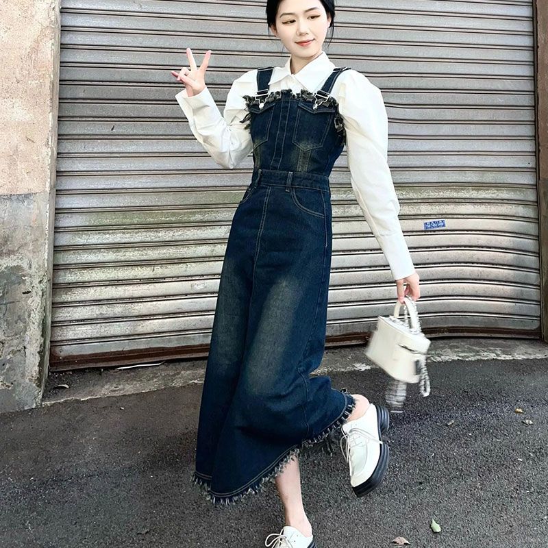 Salt can be sweet retro denim suspender skirt spring and summer new mid-length A-line skirt frayed design sense dress