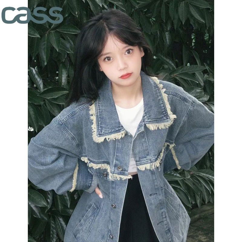 American retro raw edge denim jacket female spring and autumn  new large size fat MM high street jacket top tide ins