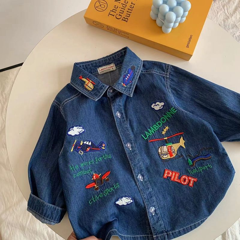 Children's denim shirt Spring and summer new boys' embroidered lapel shirt baby Japanese cute children's clothing small coat