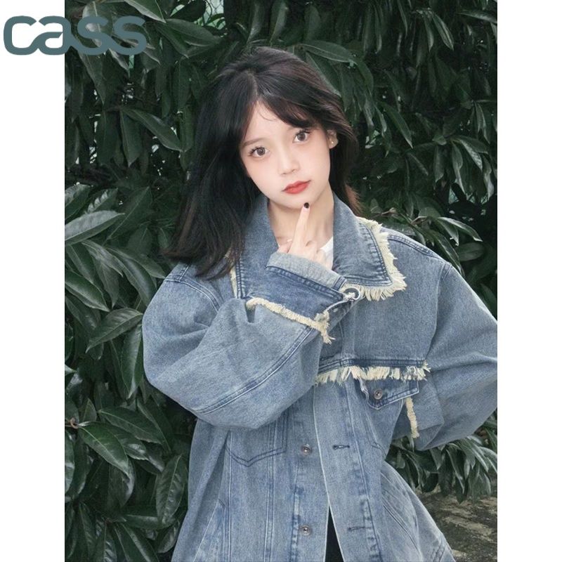 American retro raw edge denim jacket female spring and autumn 2023 new large size fat MM high street jacket top tide ins