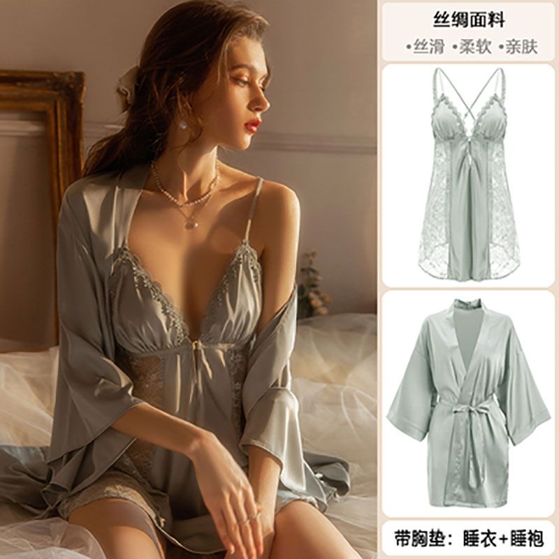 Sexy pajamas women's summer temptation small chest ice silk pure desire style high-end lace emotional sling nightdress two-piece set