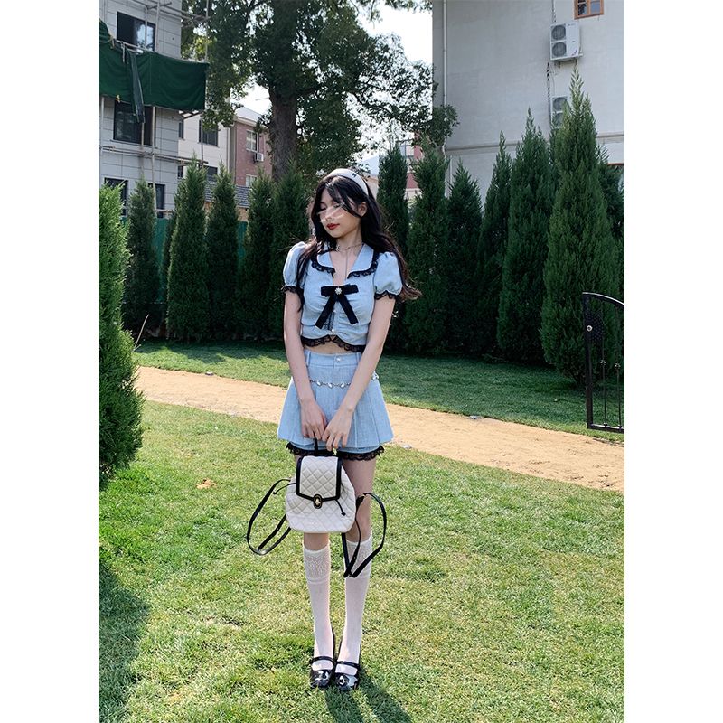 Milk blue hottie small fragrance suit for women 2023 new design lace top for women + high waist skirt