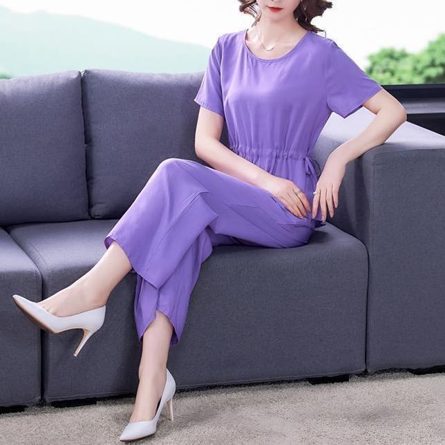 中老年棉绸套装女夏季时尚外穿绵绸两件套宽松薄款休闲人造棉套装