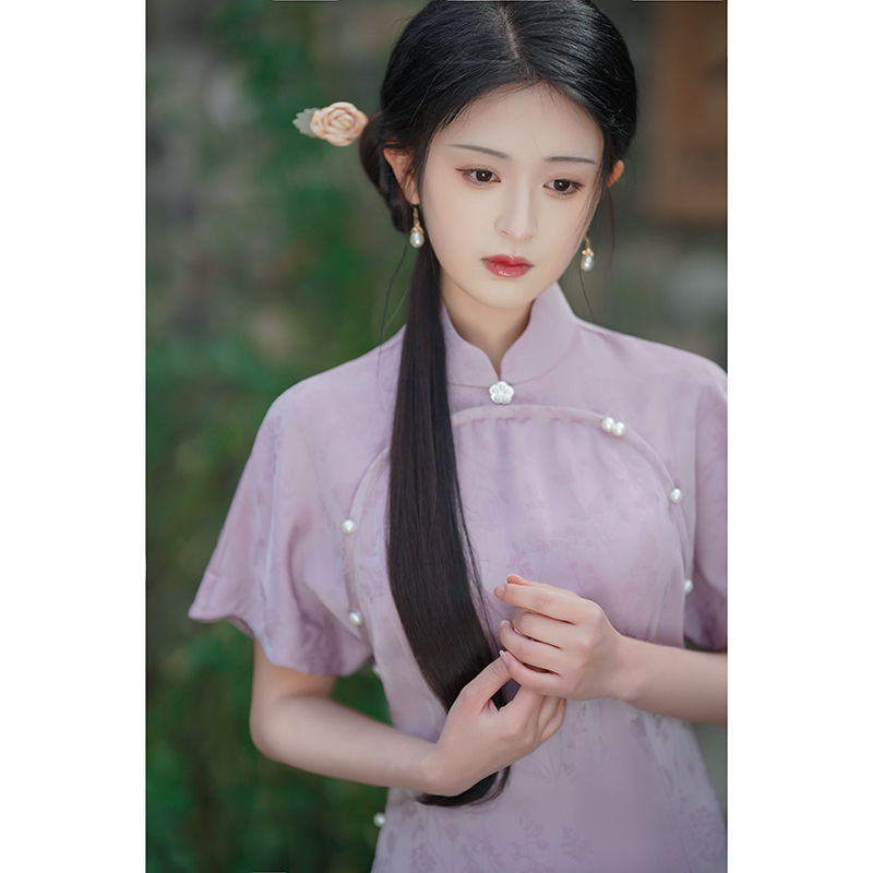 長款紫色倒大袖旗袍裙少女夏季新款2023年改良高端復古氣質年輕款