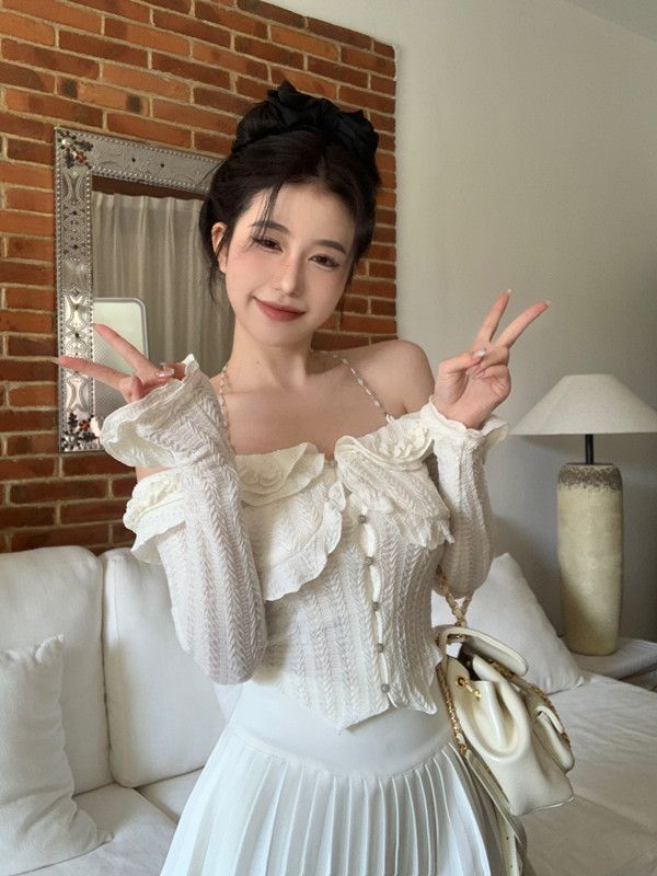 白色一字肩長袖襯衫女春季純欲荷葉邊設計感小眾修身短款襯衣上衣