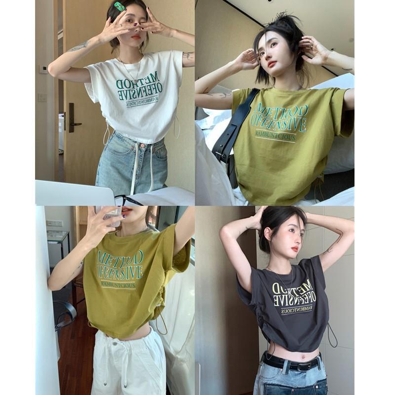 Japanese flesh-covering versatile T-shirt women's short high-waisted navel-baring drawstring short-sleeved loose half-sleeved top sweet cool ins trendy brand