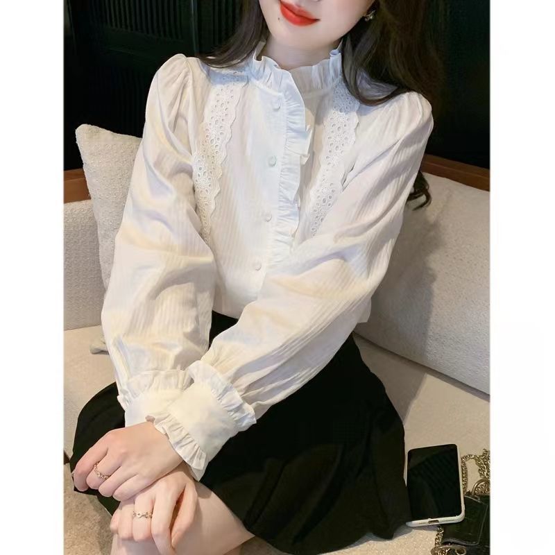 法式復古襯衣女裝春季2023年新款設計感寬鬆百搭木耳邊立領襯衫潮