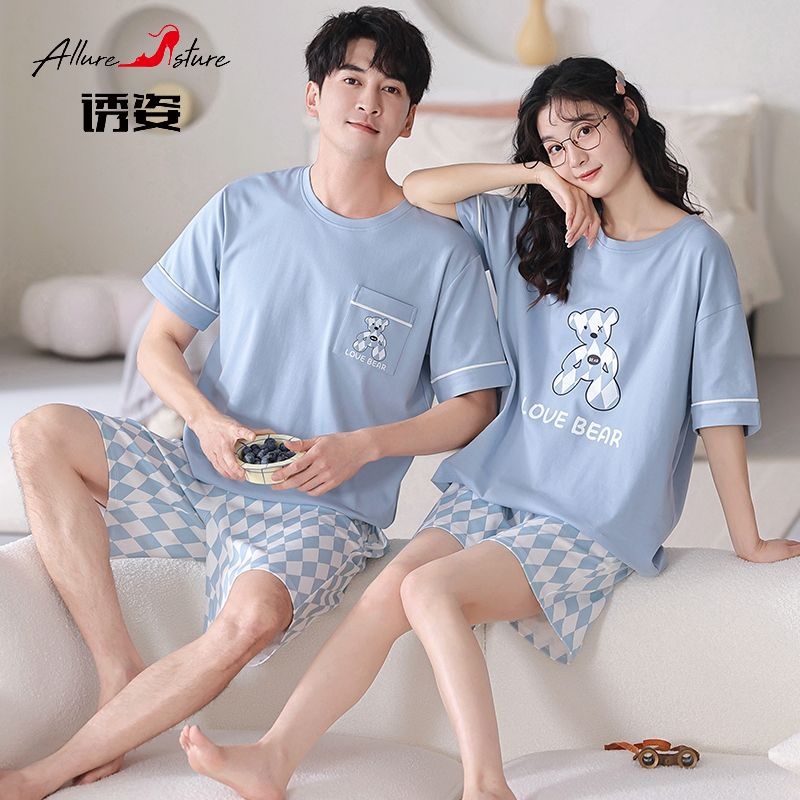 Lure 100% Cotton Pajamas Women's Summer Men's Couple Pajamas Spring Summer Short-sleeved Shorts Plus Size Homewear