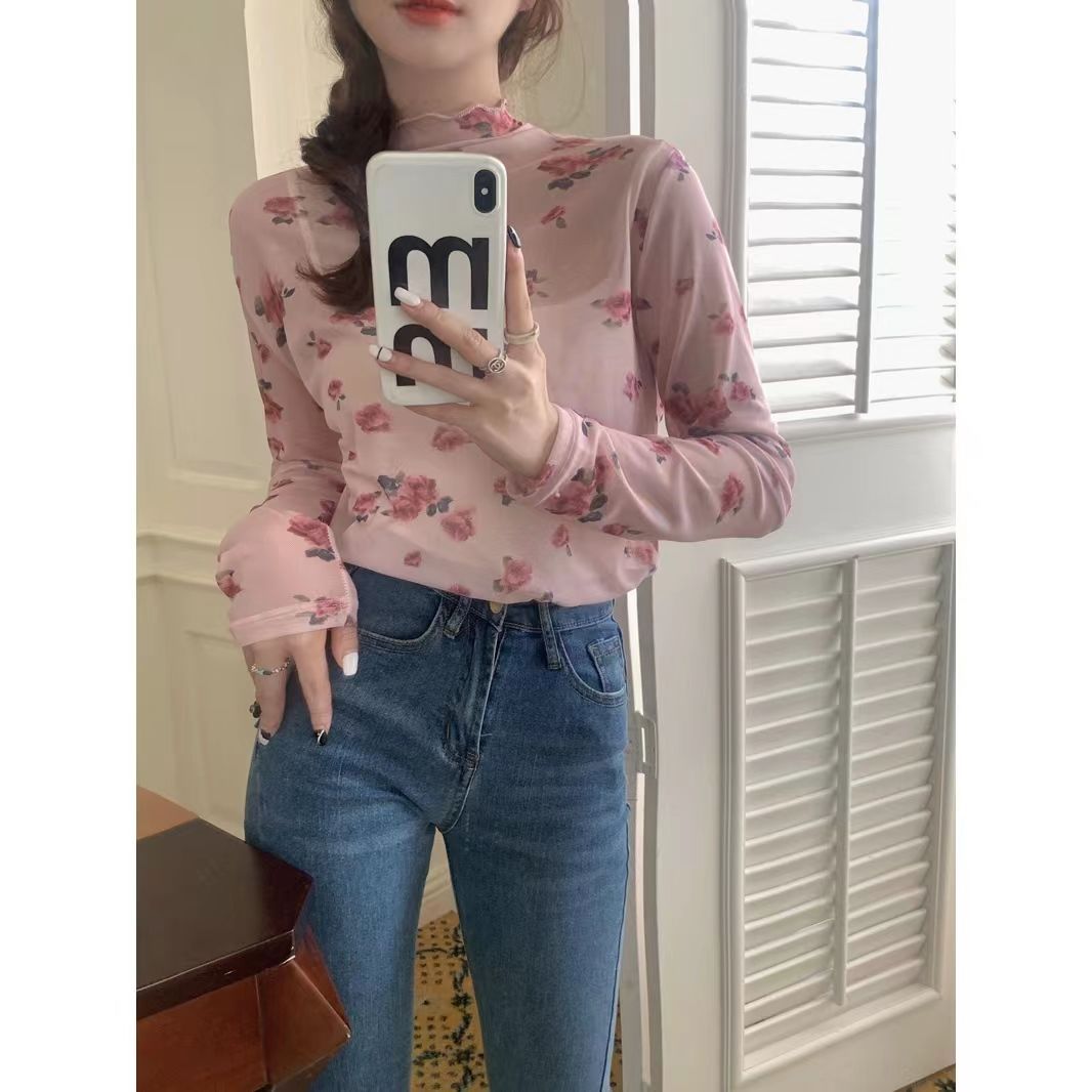春季港風復古百搭修身上衣女2023新款設計感淑女風玫瑰長袖T恤潮