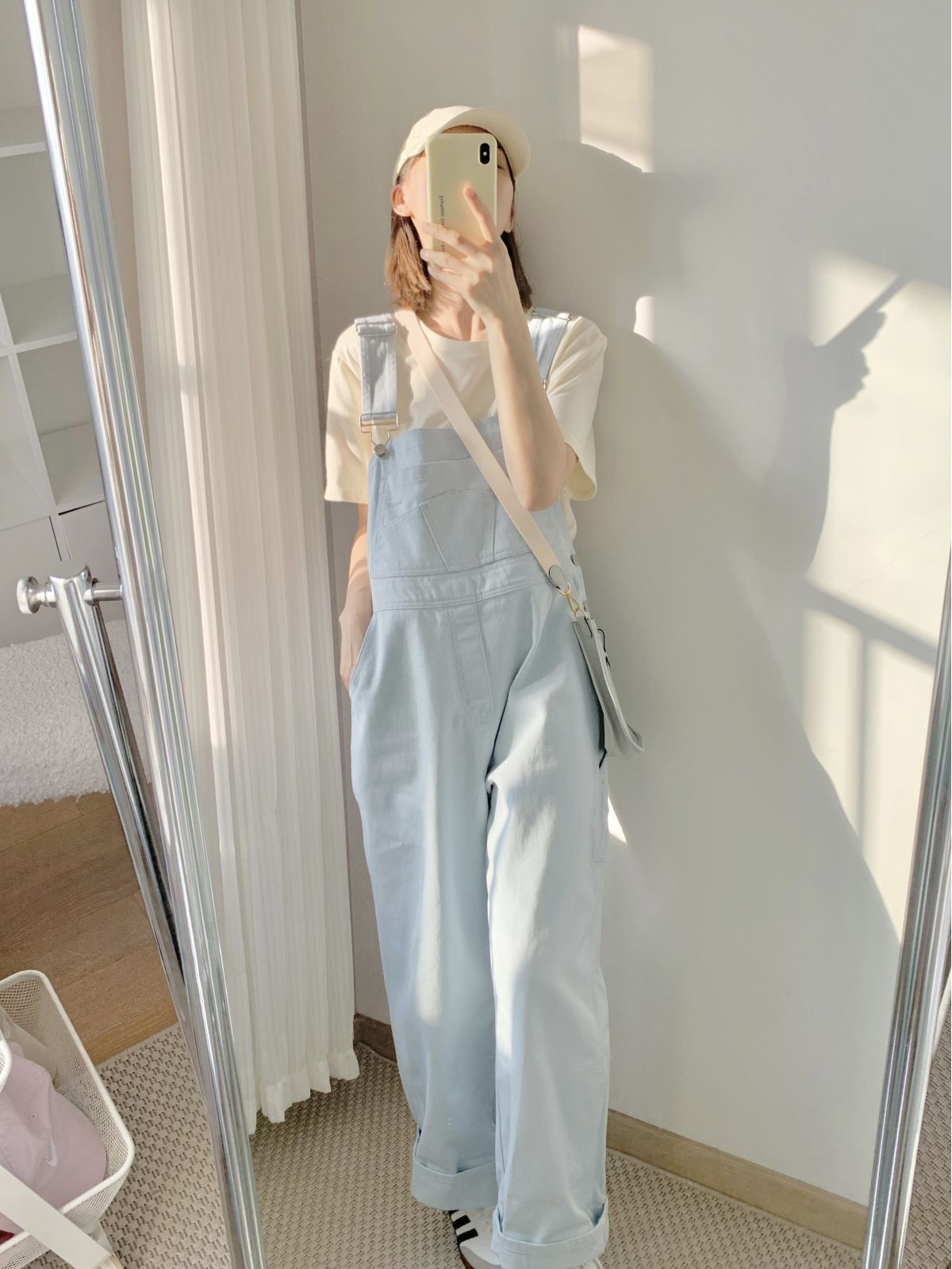 freshtaro cream baby blue new color denim overalls female spring new Korean version loose wide-leg trousers