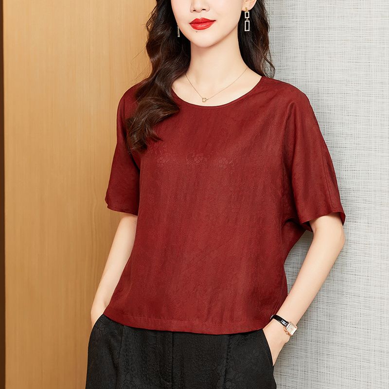 高端香雲紗重磅真絲襯衫女大尺碼紅色V領桑蠶絲上衣夏季新款媽媽