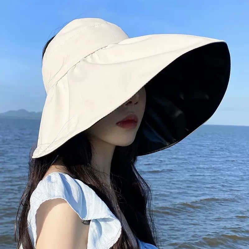 Black plastic empty top sun hat for women, summer sun protection hat, anti-UV, face-covering fisherman hat, foldable and adjustable for large head circumference