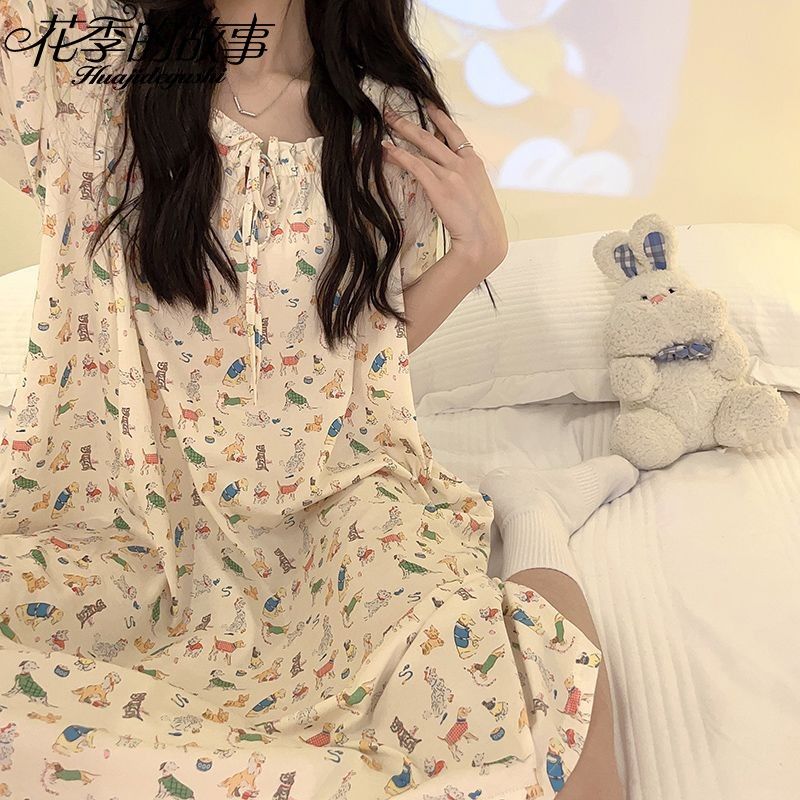 The story of the flower season nightdress female sweet cotton nightdress  new ins cute short-sleeved summer home service