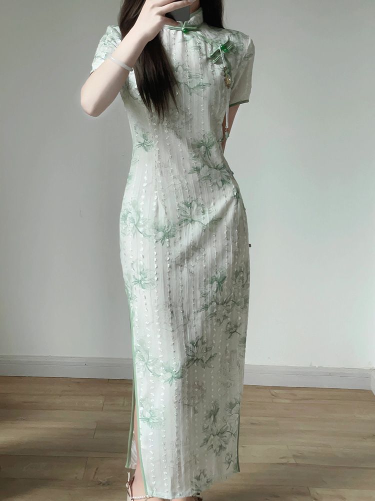 绿色改良旗袍新款年轻高端气质长款素雅少女修身小个子新中式