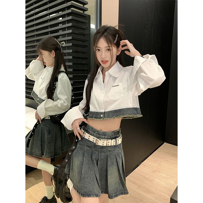 牛仔拼接設計感辣妹長袖襯衫高腰百褶短裙女春季2023新款時尚套裝