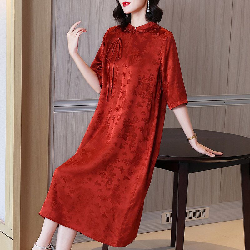氣質真絲香雲紗洋裝媽媽2023夏季時尚紅色喜婆婆婚宴裝旗袍裙子