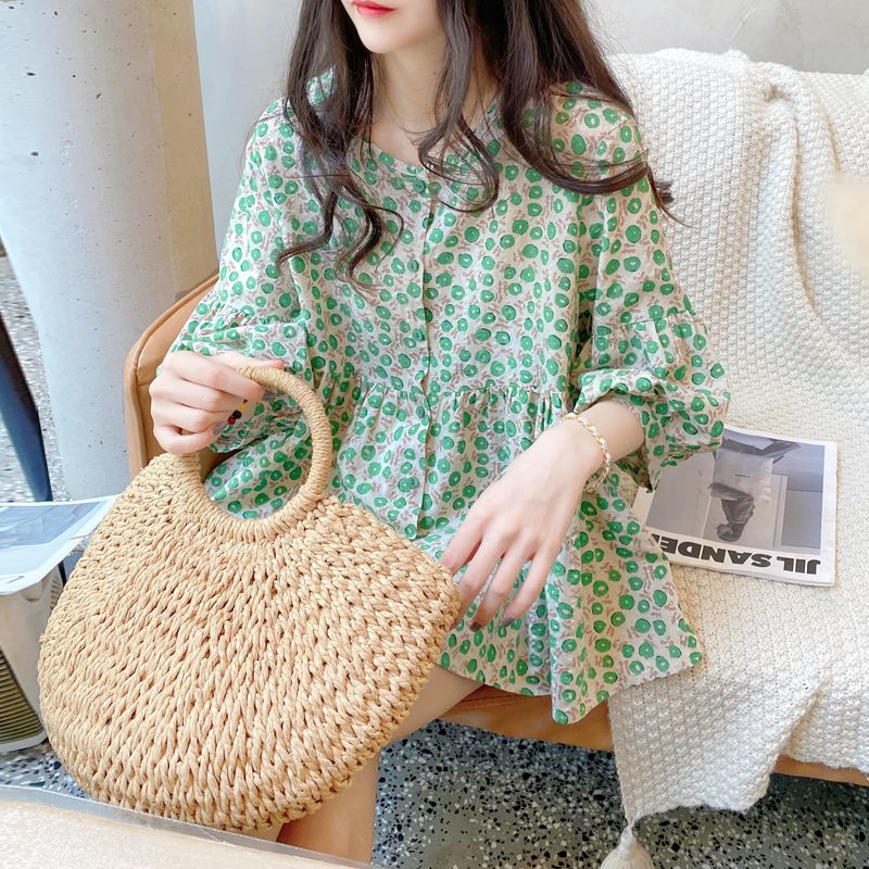 娃娃衫上衣夏季韓版寬鬆圓領甜美燈籠袖蓬蓬碎花棉麻襯衫女七分袖