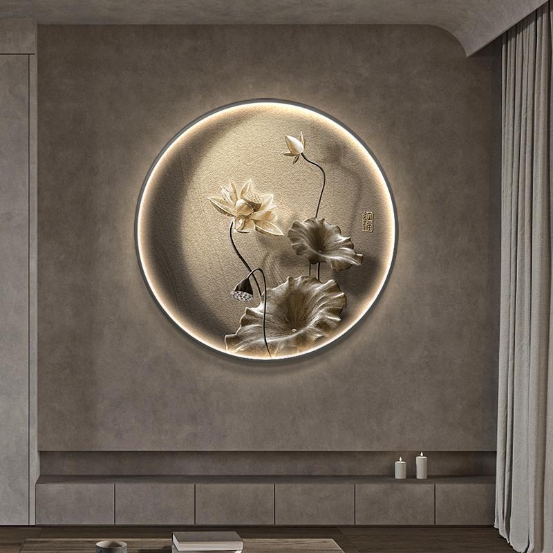 侘寂风入户门玄关装饰画高级感客厅走廊壁画禅意荷花茶室圆形挂画