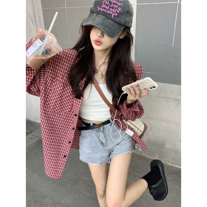 oversize格子襯衫女春季2023新款韓版嘻哈寬鬆百搭時髦長袖襯衣潮