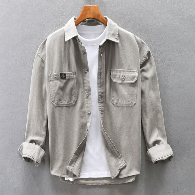 Pure cotton shirt men's long-sleeved work jacket spring and autumn Japanese style old casual loose pocket outer cotton shirt
