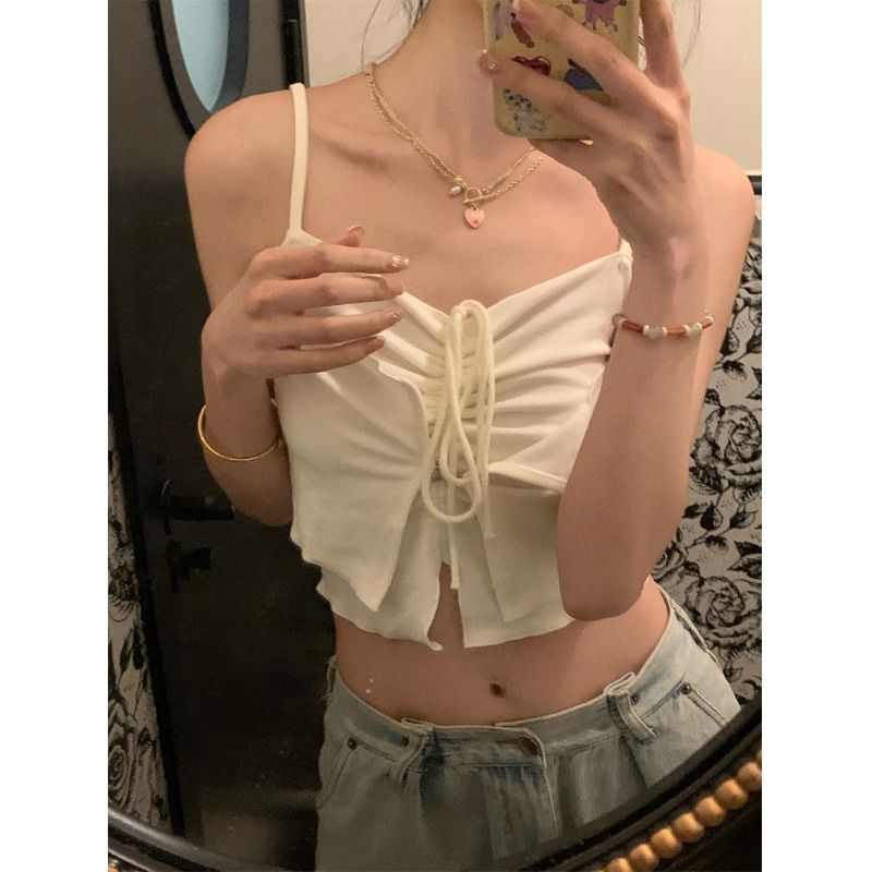 Korean style sweet and spicy pure desire to wear drawstring to look thin suspender top + embroidery sunscreen cardigan T-shirt two-piece set female summer