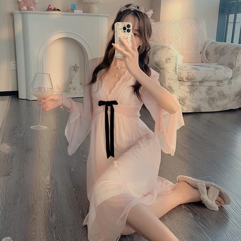 Pure desire sexy deep V lace pajamas women's spring thin mesh with chest pad fake two-piece long nightdress home service