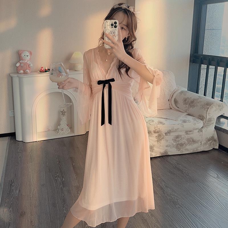 Pure desire sexy deep V lace pajamas women's spring thin mesh with chest pad fake two-piece long nightdress home service