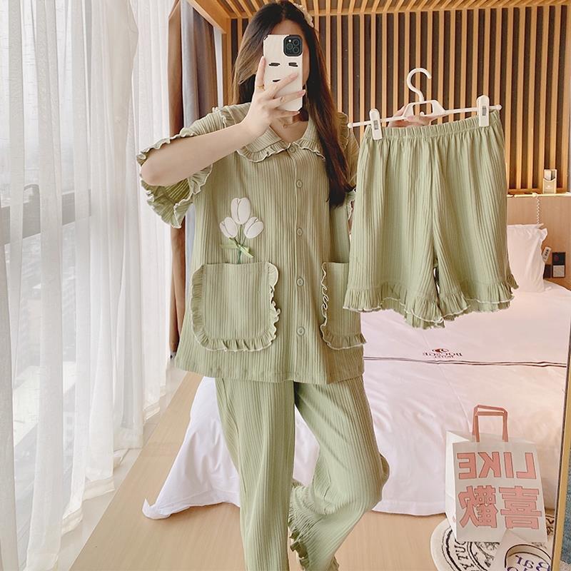 Pajamas women's summer cotton short-sleeved trousers thin section 2023 new three-piece set high-end cute home service