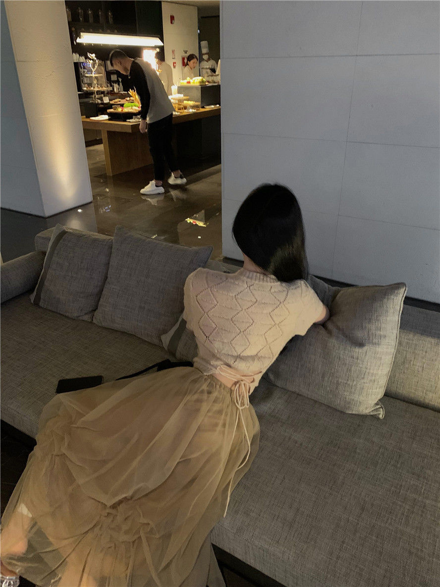 甜美辣妹短袖針織衫女裝夏季套裝高腰網紗裙子中長款半身裙兩件套