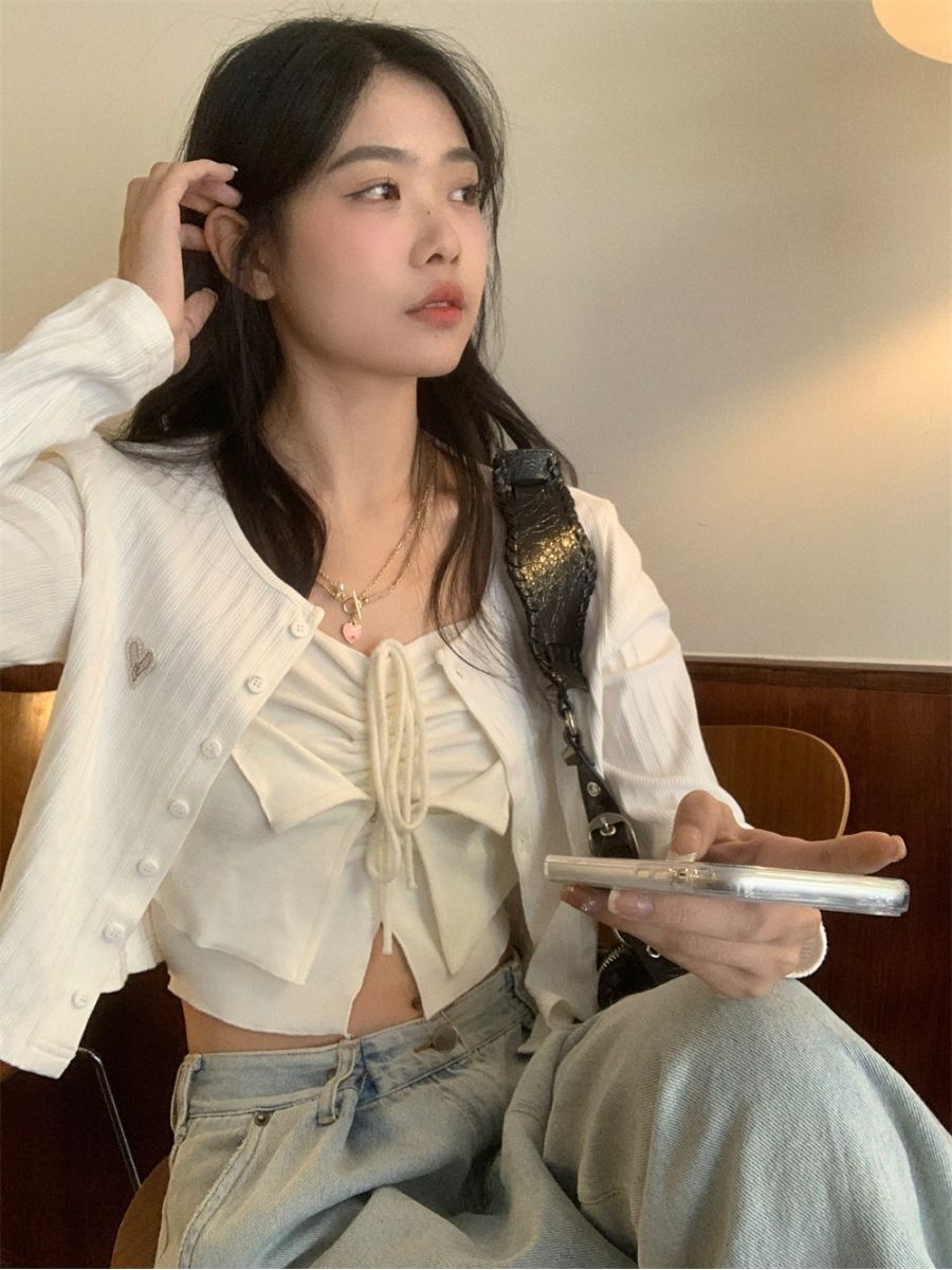 Korean style sweet and spicy pure desire to wear drawstring to look thin suspender top + embroidery sunscreen cardigan T-shirt two-piece set female summer