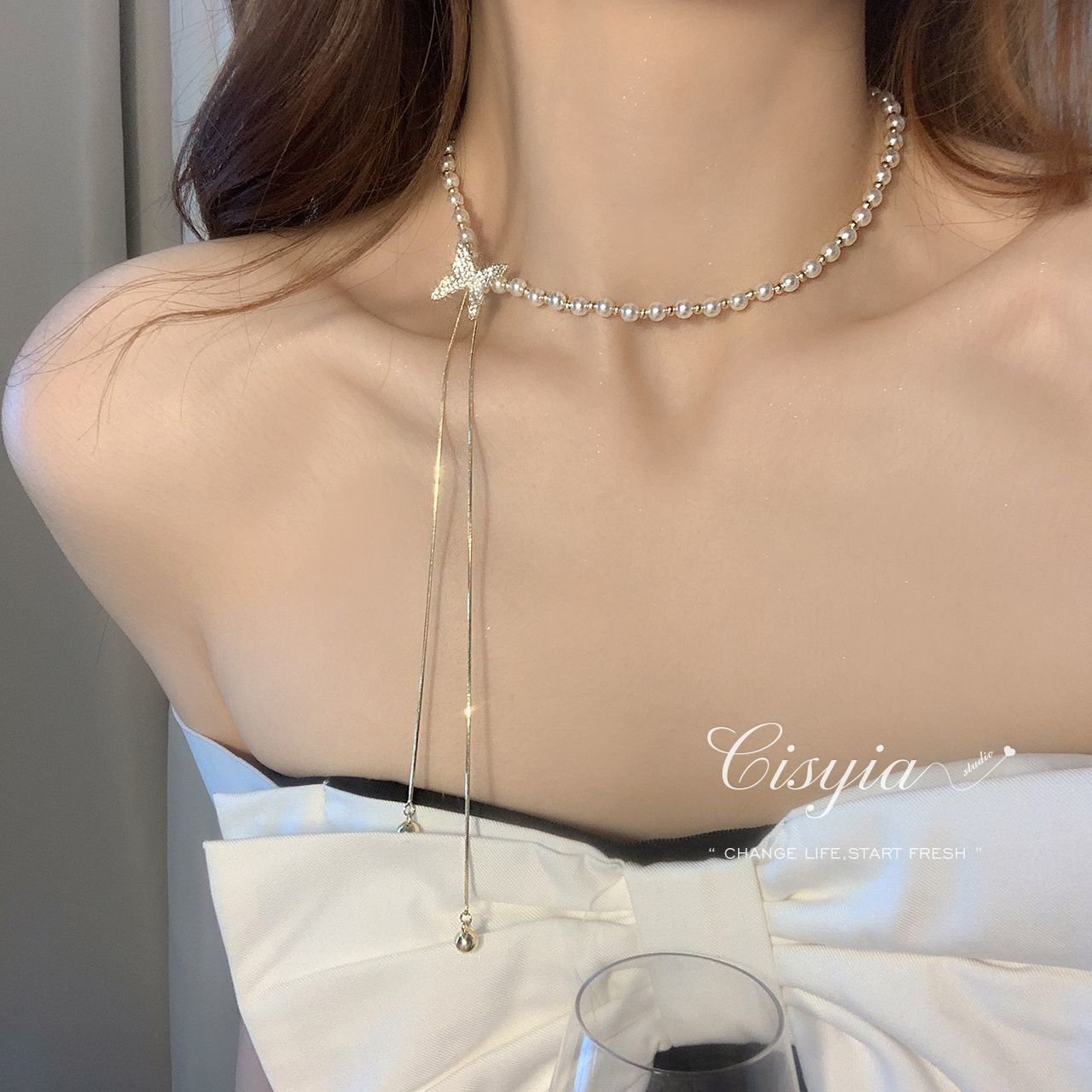 珍珠項鍊女款頸鏈高級設計感小眾蝴蝶流蘇吊墜鎖骨鏈2023新款爆款
