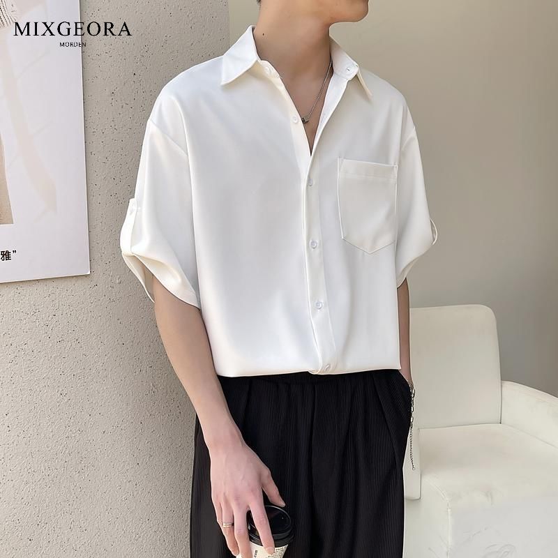 MIX GEORA衬衫男短袖韩版潮流七分袖轻熟风痞帅夏季冰丝垂感衬衣