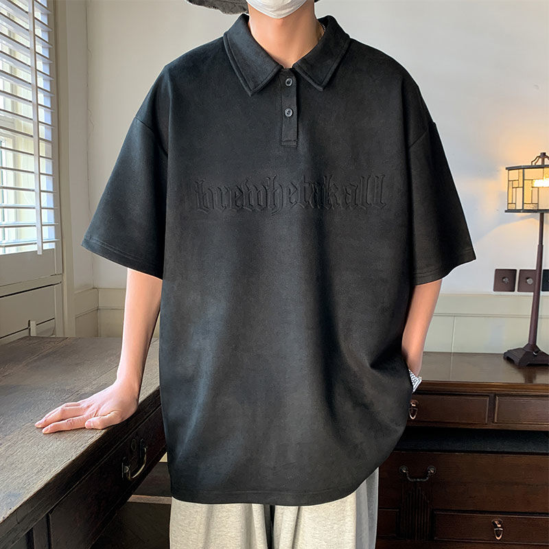 Muszoom麂皮绒短袖POLO衫男夏季美式复古潮流百搭重磅翻领五分袖