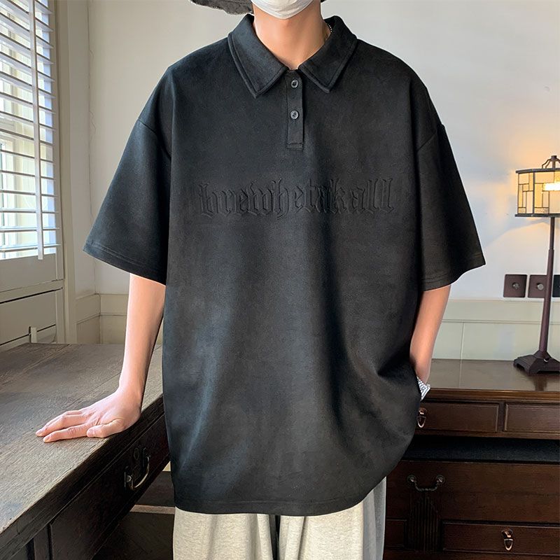 Muszoom麂皮绒短袖POLO衫男夏季美式复古潮流百搭重磅翻领五分袖
