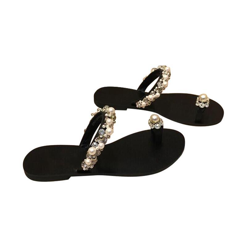  summer new style flip-flops women's rhinestone pearl one-word belt fashion outerwear sandals sandals women's tide
