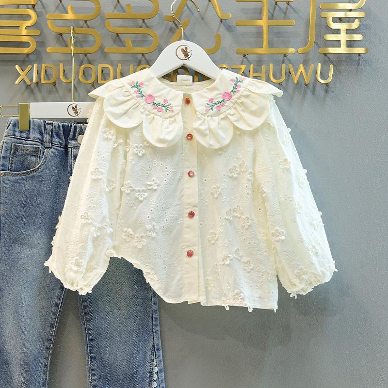 女童襯衫2023春裝新款洋氣甜美刺繡花瓣領襯衣兒童立體碎花棉上衣