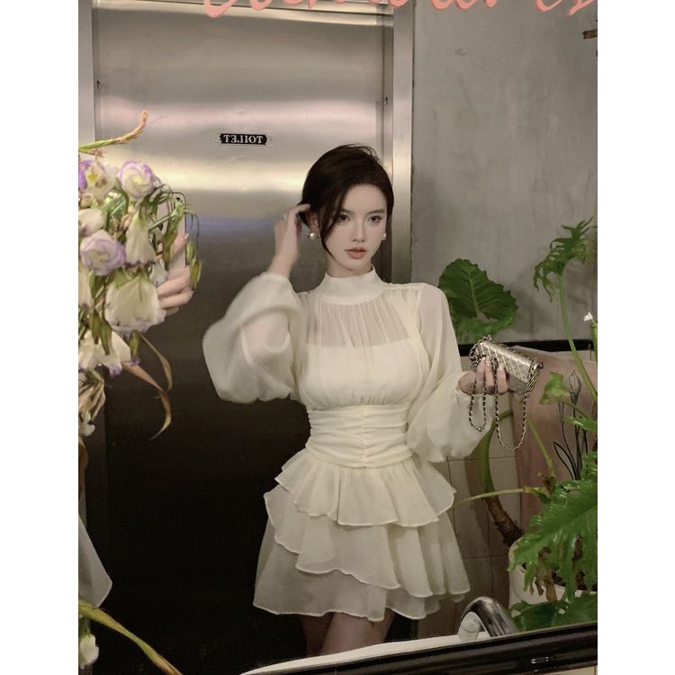 絕美小裙子兩件套秋季新款法式收腰公主風長袖白色蛋糕連衣裙女裝