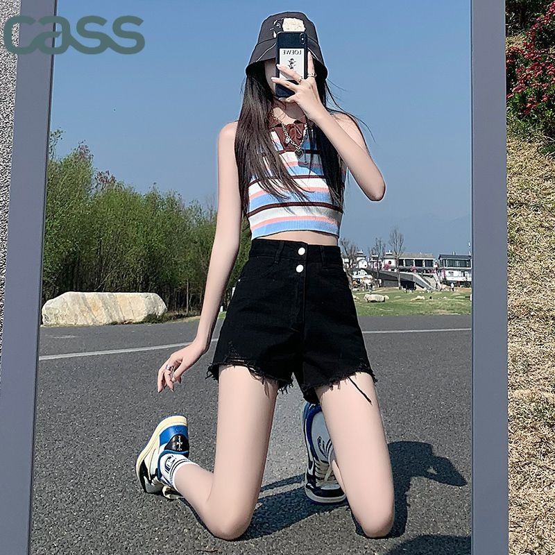 黑色闊腿牛仔短褲女夏季新款大碼顯瘦百搭A字破洞雙扣熱褲子潮ins
