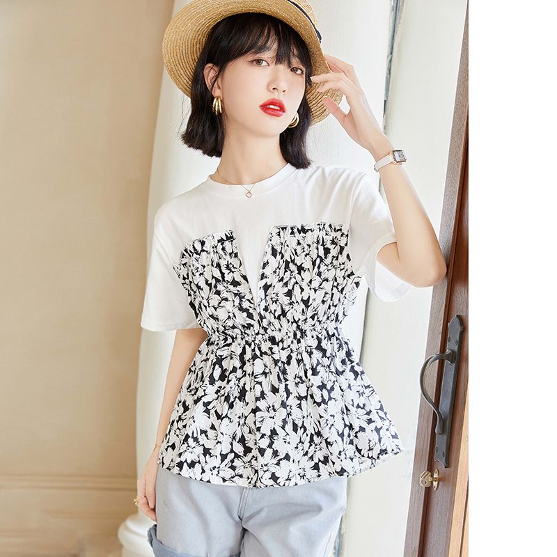 Actual shot in stock 2023 summer floral waist top women's summer short-sleeved design niche stitching baby doll shirt