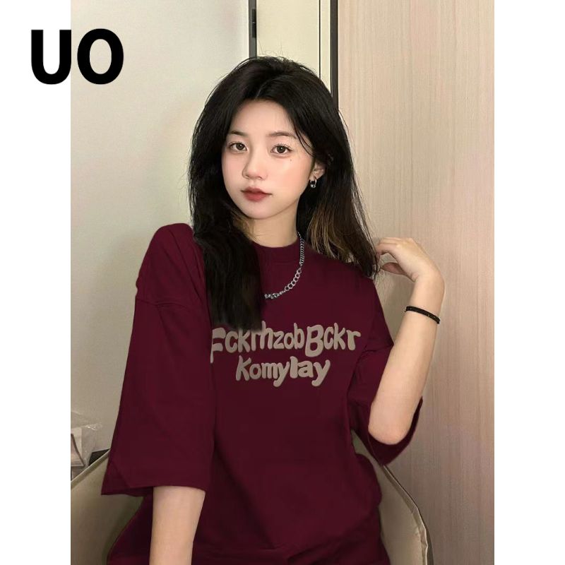 100% cotton summer high street retro wine red t-shirt Korean version loose American style couple men and women same style top trend
